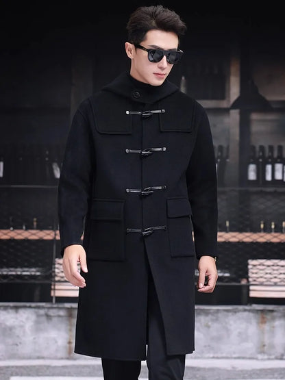 Mens 100% Wool Trench Overcoat Vintage Horn Button Hooded Long Coat Double Faced Sheep Fur Loose Fit Windbreaker Woolen Blends