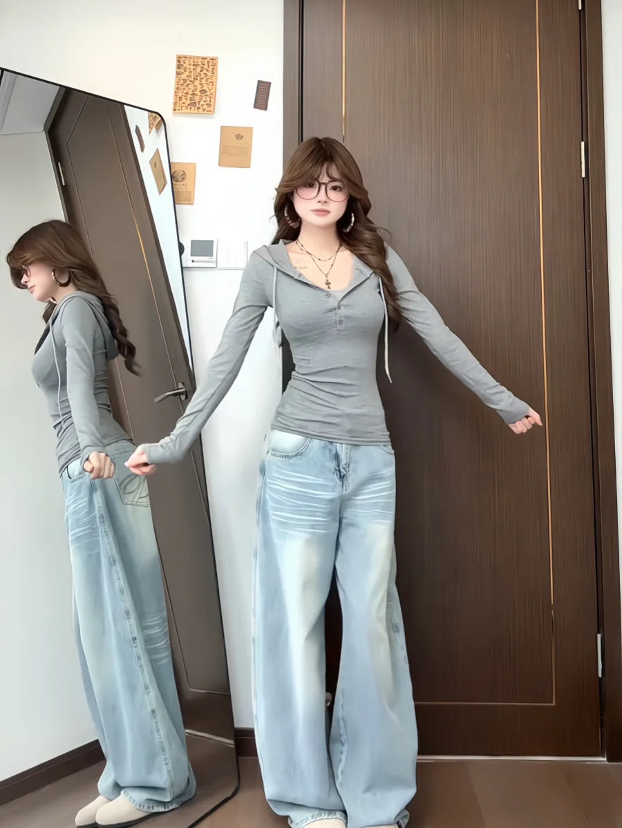plus Size Women's Grey Long Sleeve Hoodie Slim Fit Base Shirt Korean Style Autumn New Arrival Fashionable Casual Top
