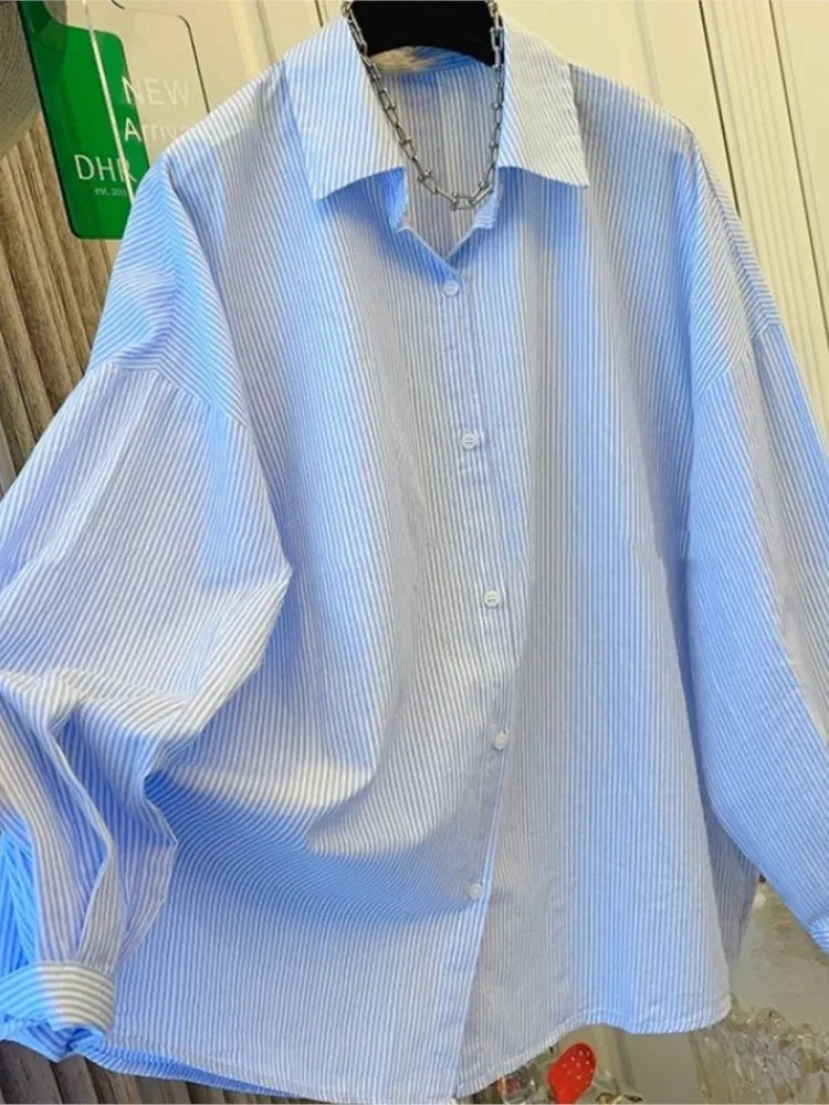 Autumn Long Sleeve Striped Cotton Shirt Blouse Women Lace Up Oversize Ladies Blouses Tops Blusas Mujer De Moda 2024