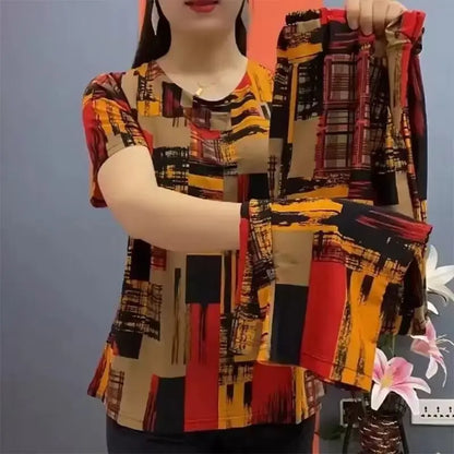 Summer 2025 Ice Silk Loose Fit Short Sleeve round Neck Two Piece Set for Middle-Aged And Elderly Casual Style Comfortable Wear