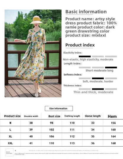 Women's Long Skirt Drawstring Waist Hemp Print A-Line Dress Korean Style Commute Flower Pattern V-Neck Summer Dress