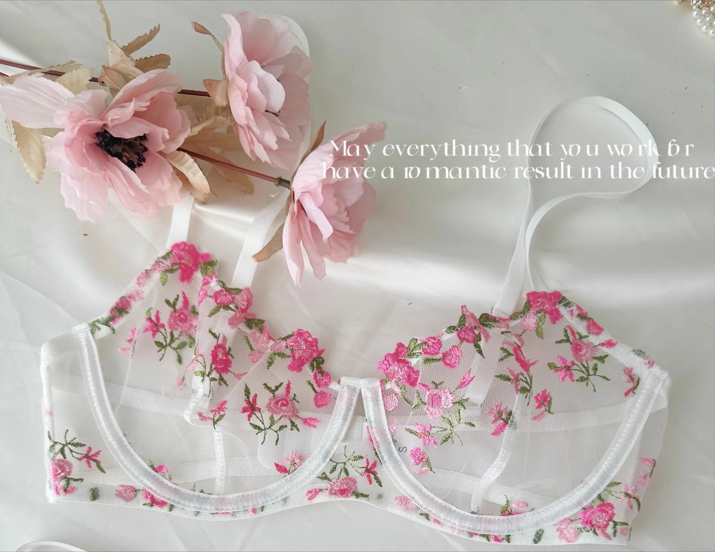 Pure & Sexy Japanese Lingerie Set, Pink Floral Tulle with Embroidery, Harajuku Style Aesthetic Set BANERDANNI Sexy Panty &Tusjy