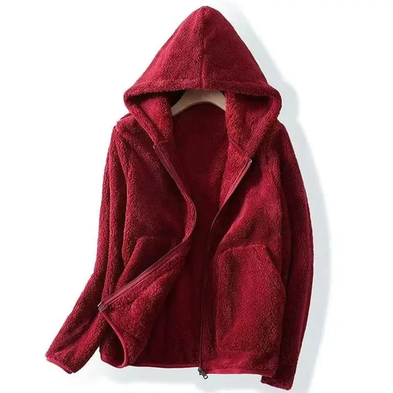 Rocker Fleece Sweatshirt Women Hooded Coral Fleece Jacket Autumn Winter Coat Warm Long Sleeve Zipper Sportswear Casual Loose