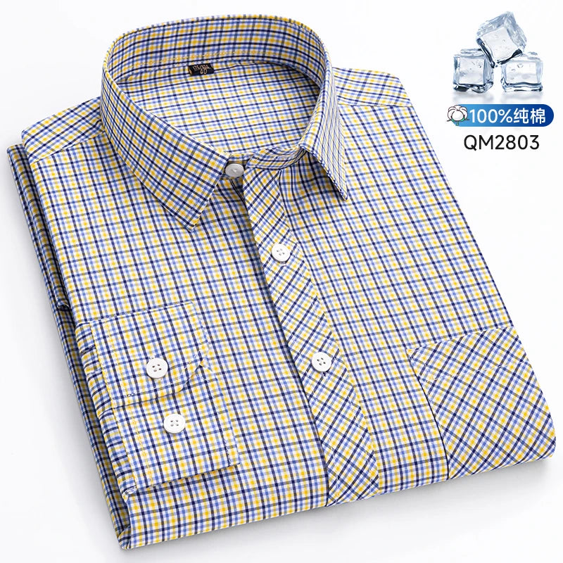 The New Men's Long-Sleeved Shirt Is Cool and Casual. It's a Thin, All-Cotton, Streetwear Checkered Style for Spring and Summer