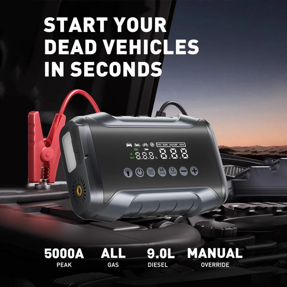 6-IN-1 Car Jump Starter with Air Compressor Peak 5000A Auto Battery Booster 150PSI Air Pump Portable Power Bank Tire Inflator