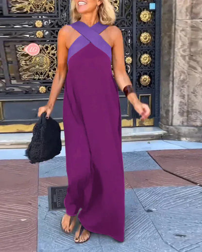 Women's Long Cross Dress Skirt European Style Mid-Waist A-Line Dress Polyester Fabric No-Sleeve Business Wear Single Piece