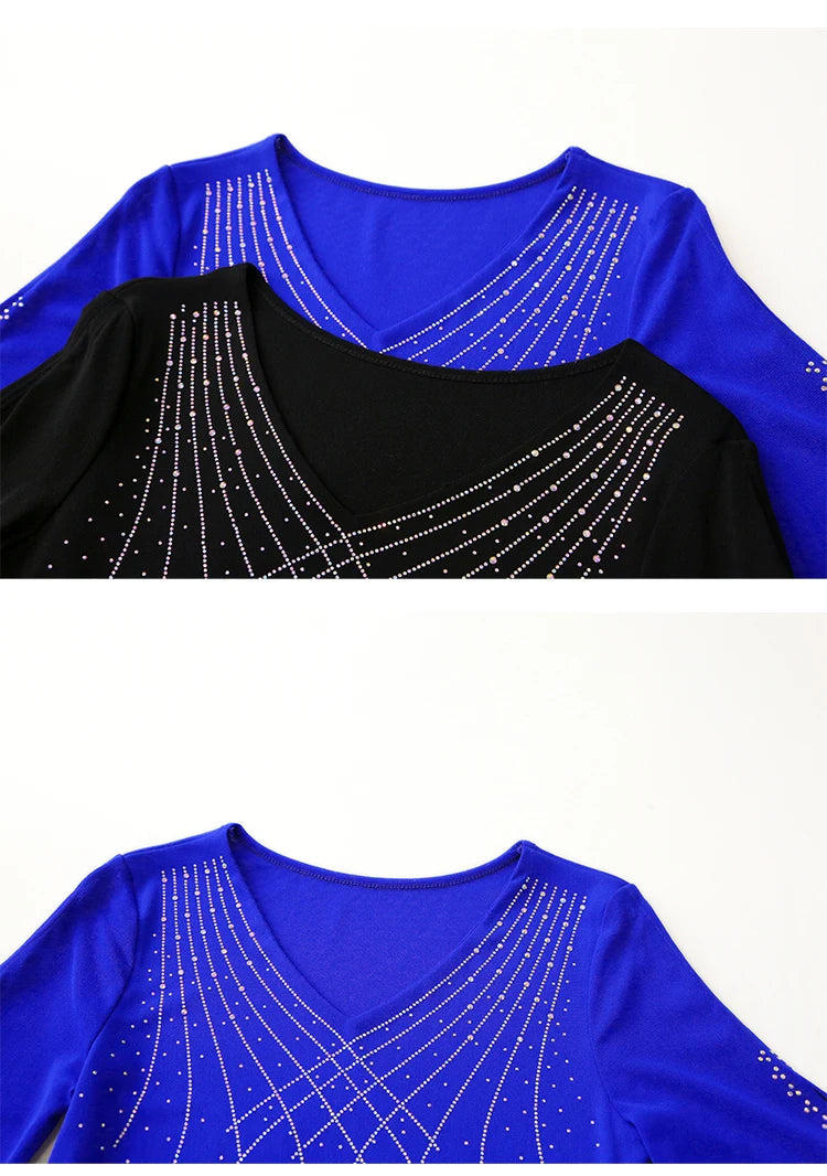 2026 Spring Summer Mesh Tops Korean Fashion Diamond T Shirt Slim 3/4 Sleeve Hollow Out Casual Women Shirt