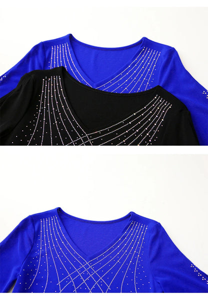 2026 Spring Summer Mesh Tops Korean Fashion Diamond T Shirt Slim 3/4 Sleeve Hollow Out Casual Women Shirt