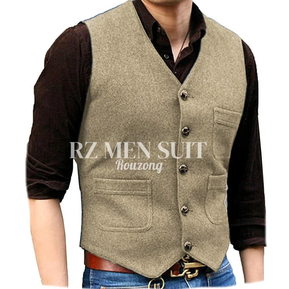 Mens Vintage Tweed Suit Vest V Neck Casual Wool Waistcoat for Wedding Groomsmen chaleco hombre