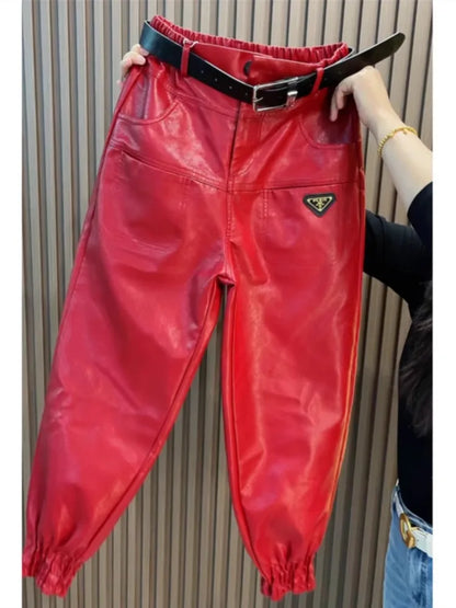 Autumn Winter Leather Pants Fashion High Quality Leg Windproof Plus Velvet Haren Pants All-Match Slimming Casual Trousers Women