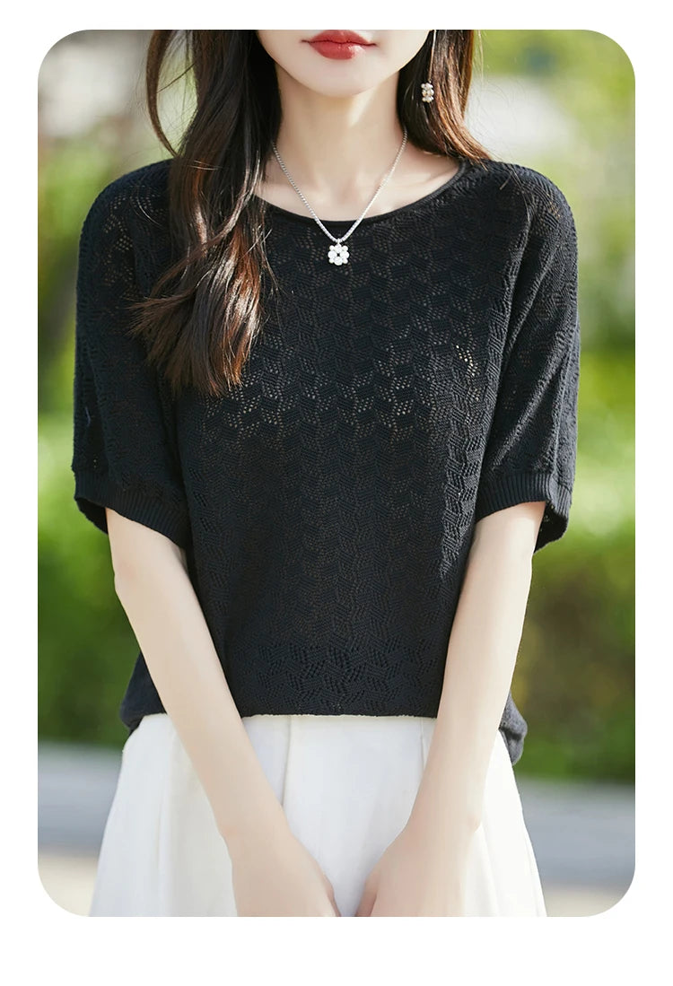 100% cotton ladies spring and summer comfortable round neck advanced design half sleeve pullover short sleeve blouse.