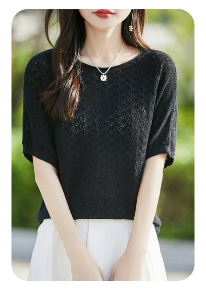 100% cotton ladies spring and summer comfortable round neck advanced design half sleeve pullover short sleeve blouse.
