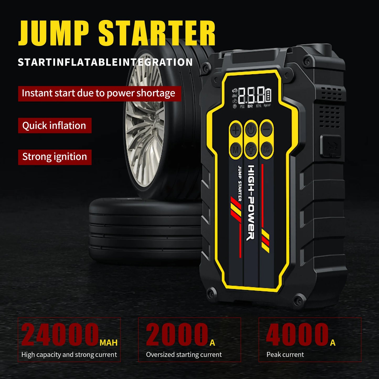 CEYYOR Car Jump Starter With Built-in Air Compressor,Portable 12V 4000A Booster Starting Device With LED Lights & Pressure Gauge