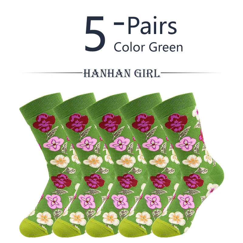 5 Pairs New Arrivals Combed Cotton Women Socks Unisex Cute Floral Styles 8 Color Happy Funny Casual Female Breathable Crew Socks