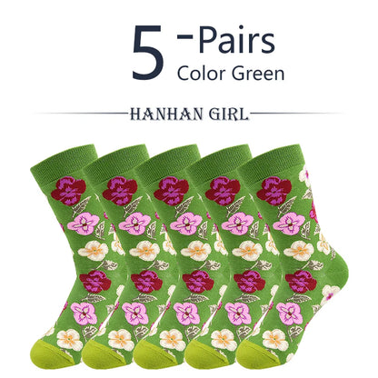 5 Pairs New Arrivals Combed Cotton Women Socks Unisex Cute Floral Styles 8 Color Happy Funny Casual Female Breathable Crew Socks