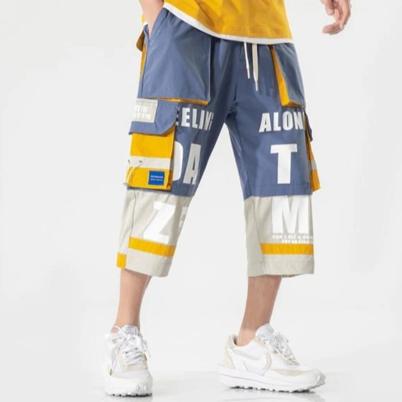 Trendy Men's High Street Hip Hop Fashion Loose Straight Leg Shorts Functional Workwear Crop Style for Summer Casual