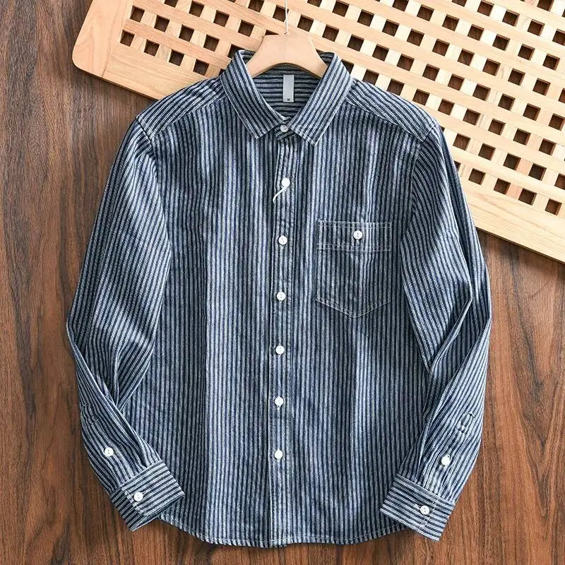 Amekaji Men's Pure Cotton Denim Long Sleeve Shirt Vertical Stripes Washed Vintage Slightly Loose Casual Button Down Shirt Top