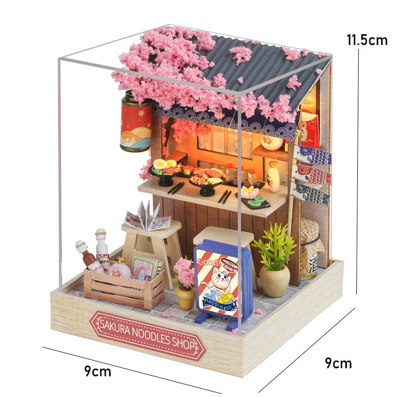 Japanese Izakaya Sushi Restaurant DIY Miniature Dollhouse Kit with LED Light 3D Wooden Puzzle Full Furniture Creative Gift