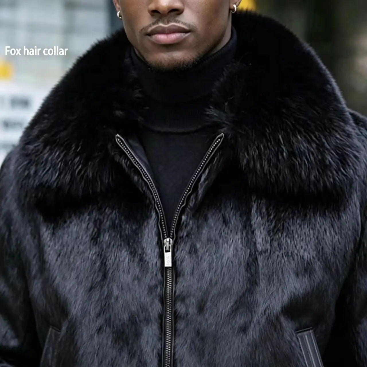 Man Hooded Black Rabbit Real Fur Overcoat Real Leather Collar Slim Zipper Coat Multi Size Warm Winter Luxury Daily Outerwear