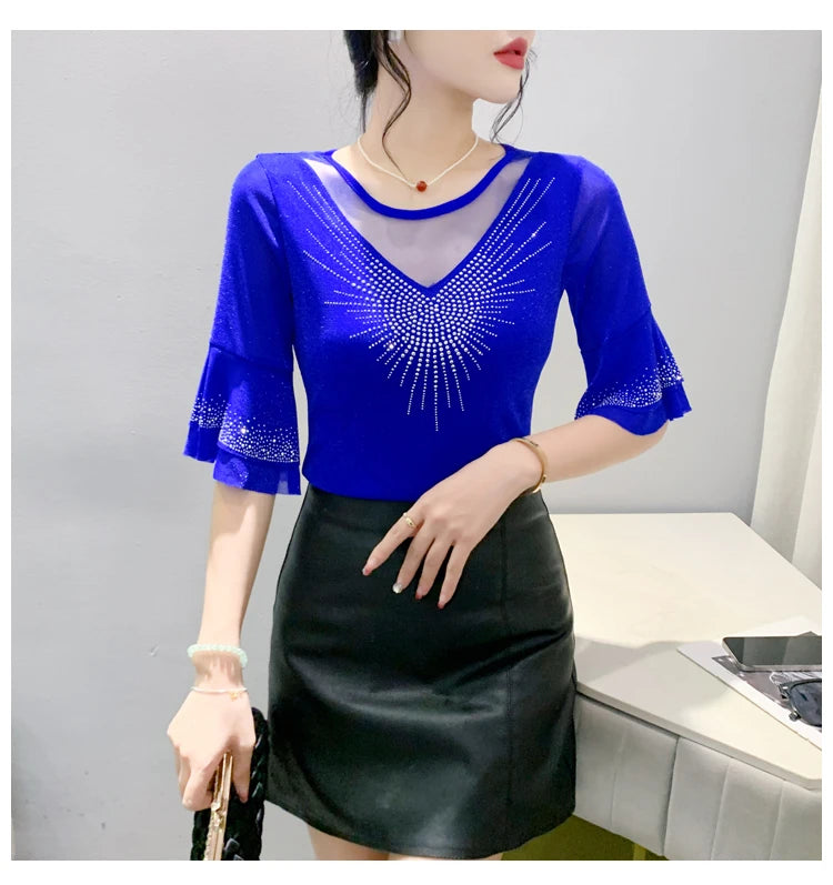 Sexy Hollow out Mesh Seven Quarter Sleeve Fashion Trend Summer T-Shirt Women Slimming Versatile Top Half Sleeve Small Shirt