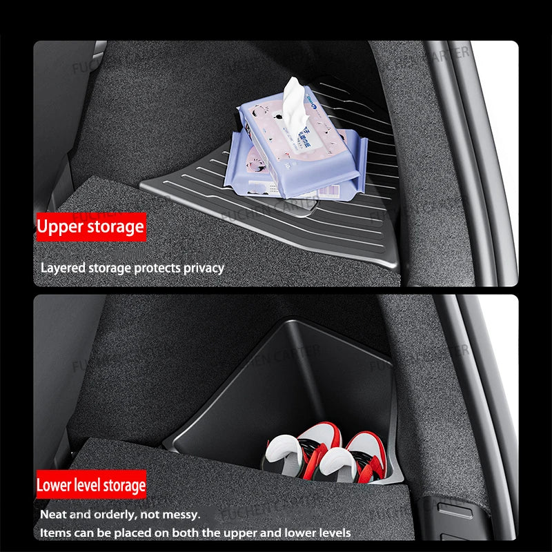 For Tesla NEW Model YL 2026 Rear Trunk Side Storage Box Cargo Organizer TPE Bin Box Flocking Mat Partition Board Accessories