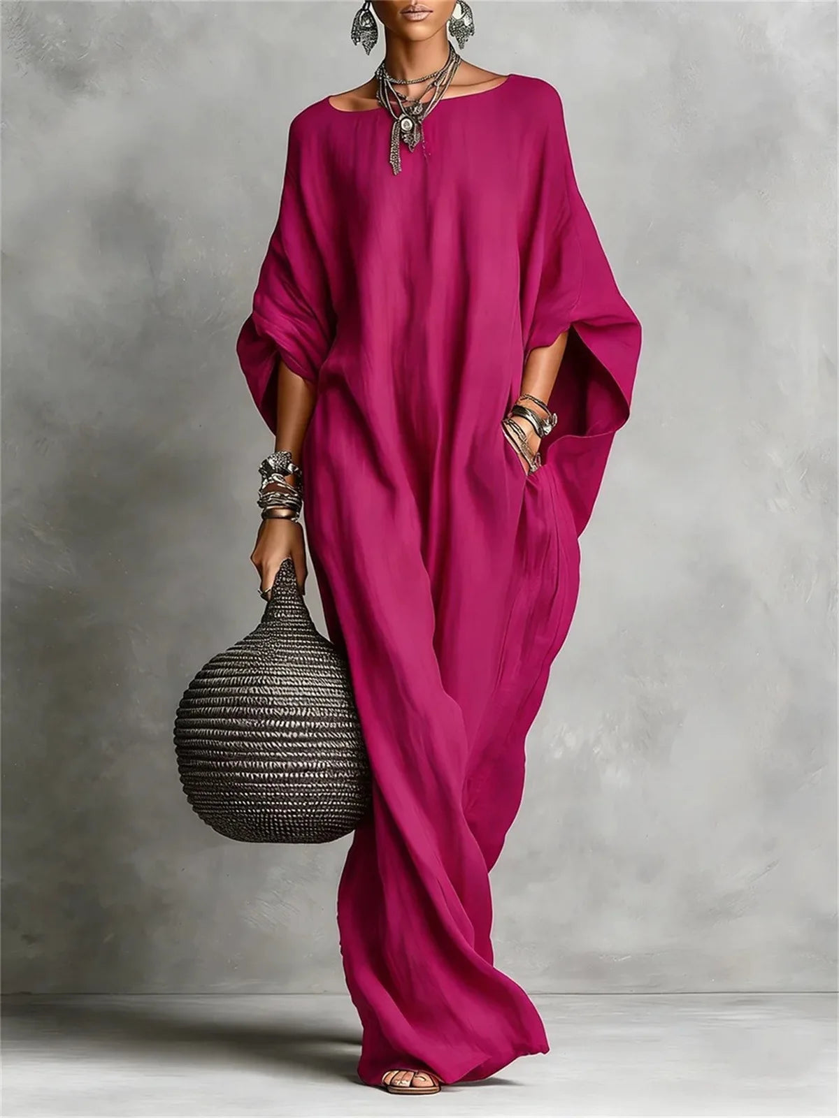 2026 cross-border women's clothing European and American solid color temperament long-sleeved one-line collar long casual dress