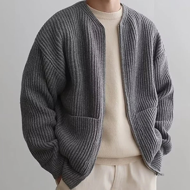 Men's Solid Color Zipper Cardigan Sweater Winter New Multiple Pockets Knit Sweater Coats Casual Stand Collar Cardigan Outerwear