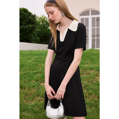 Women Dress Black Elegant Vintage French Style Short Sleeve Cute Casual New Fashion Polo-Neck Office Ladies Mini Dress 2026