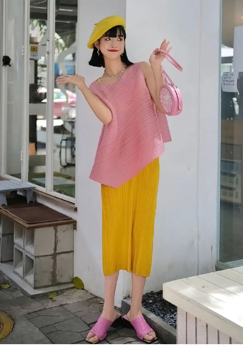 Unique Folded Design Sleeveless Top Set for Small Women Elegant Suitable Travel Wear Polyester Summer T-Shirt round Neck High...