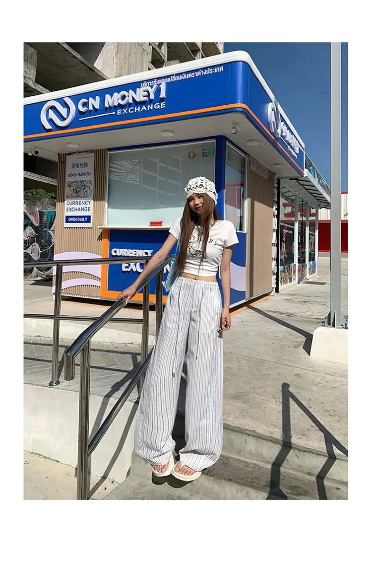High-waist loose wide-leg pants, spring and summer new drawstring vertical striped versatile straight-leg casual pants for women