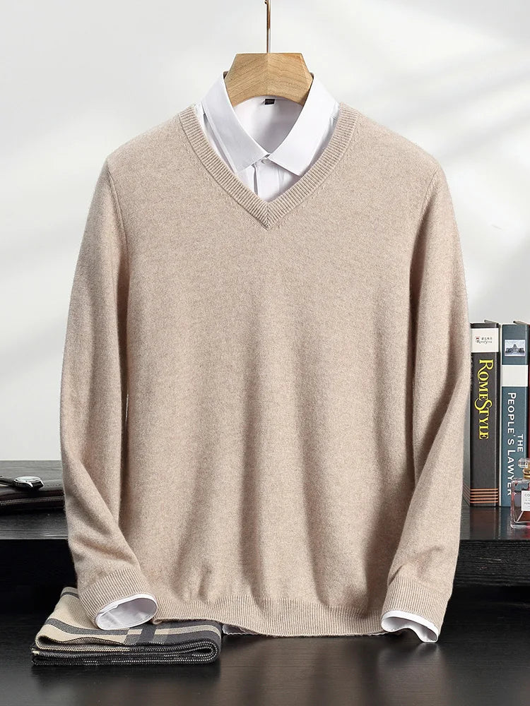 100% Cashmere Sweater Men's V-Neck Knit Pullover 2025 Spring/Autumn New Solid Color Long Sleeved Tops Business Casual Menswear
