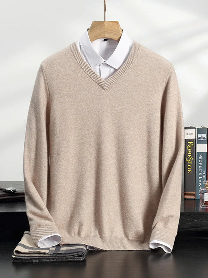 100% Cashmere Sweater Men's V-Neck Knit Pullover 2025 Spring/Autumn New Solid Color Long Sleeved Tops Business Casual Menswear