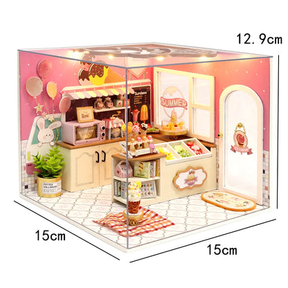 DIY Wooden Miniature DollHouse Leisurely Coffee Shop Dollhouses Scene Model  Doll House Assembly Model Toys For Xmas Gifts
