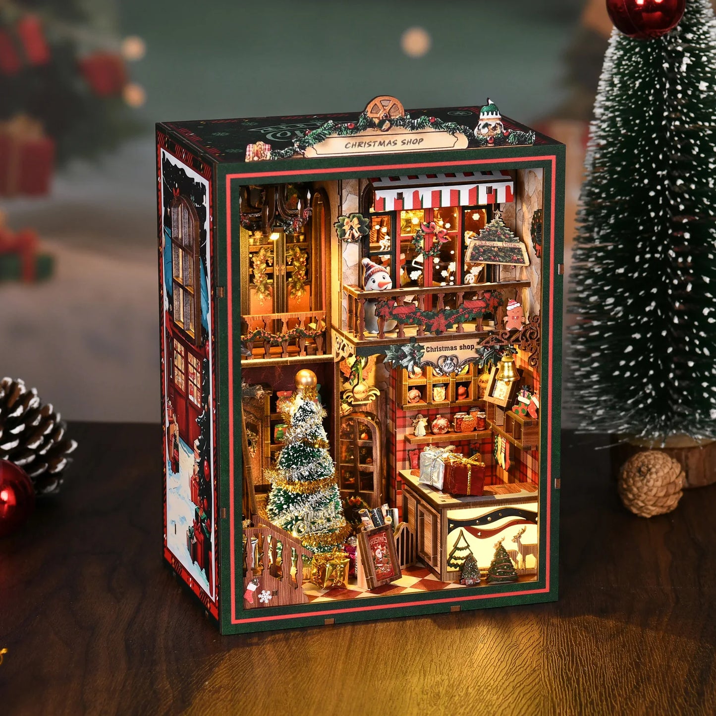 Popular DIY Christmas Book Nook Kit Miniature House with LED Light Wooden Bookshelf Insert Home Decor Holiday Gift