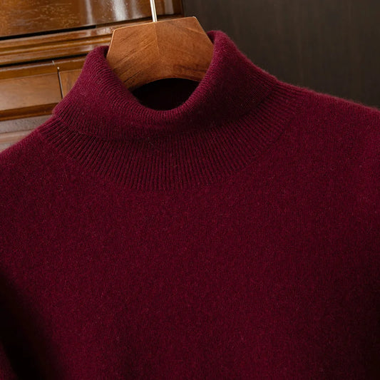 100% cashmere men's pullover business casual solid knitted sweater loose Pull Turtleneck Tops basic Turn down collar Jumper