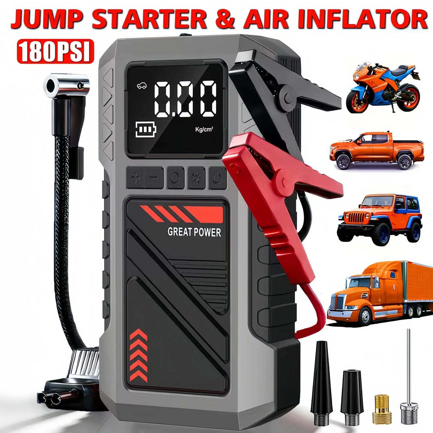 2-in-1 Car Battery Repair Kit (including 8000 ampere battery booster starter and 180 pound-force/square-inch air compressor)