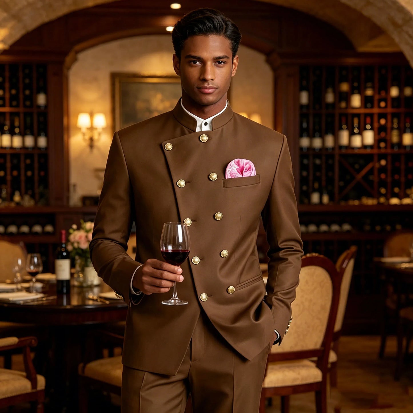 Men's Chinese Style Suit 2 Piece Brown Mandarin Collar Double Breasted With Gold Buttons Formal Jacket Pants For Business Weddin