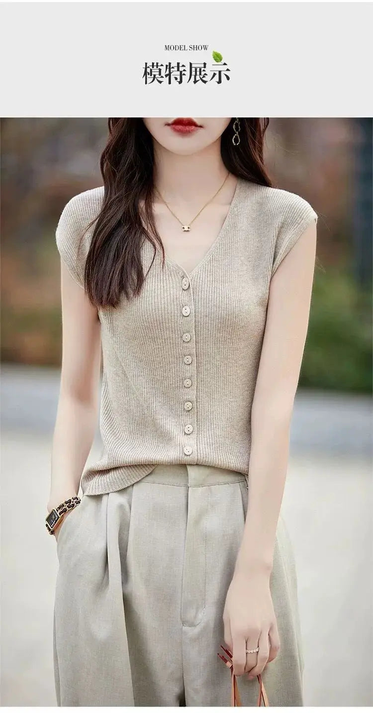 Women's Clothing New Fashion V-neck Knit Tops Summer Casual All-match Thin Sleeveless Tanks Lady Solid Single-breasted Cardigan