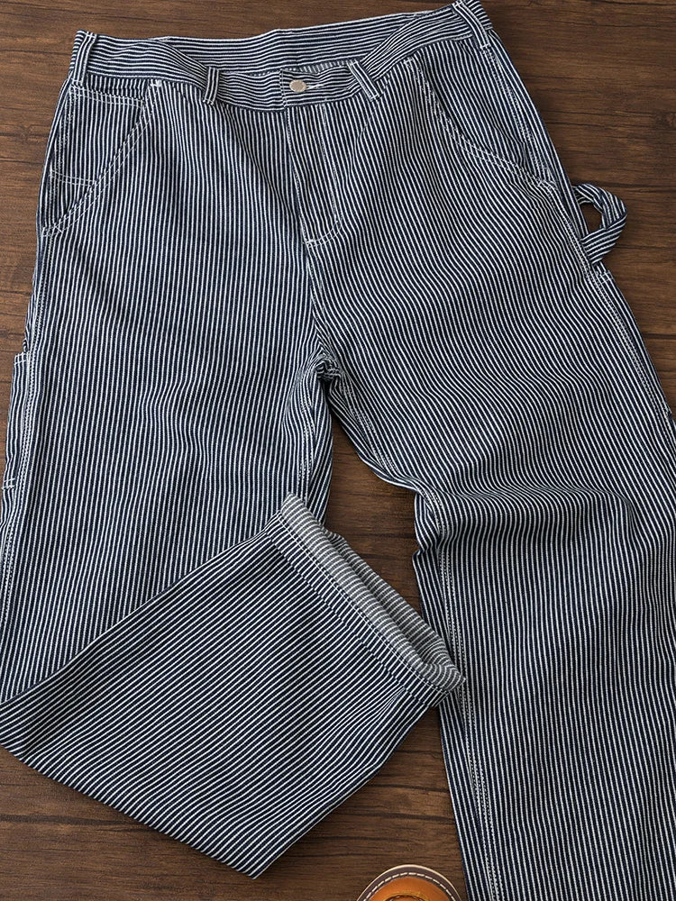 Retro American Outdoor Cotton Workwear Pants Men's Loose Straight Leg Stripe Jeans Casual Fashion Urban Style mid Waist Zippe...