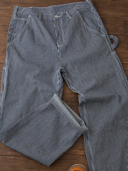Retro American Outdoor Cotton Workwear Pants Men's Loose Straight Leg Stripe Jeans Casual Fashion Urban Style mid Waist Zippe...