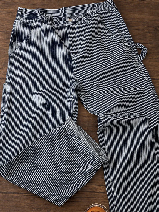 Retro American Outdoor Cotton Workwear Pants Men's Loose Straight Leg Stripe Jeans Casual Fashion Urban Style mid Waist Zippe...