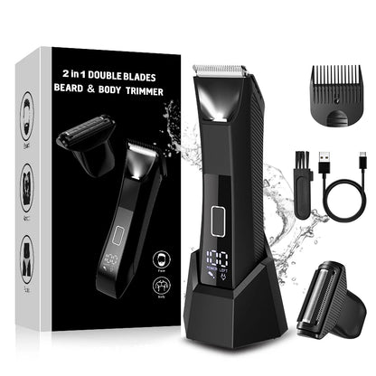 IPX6 Waterproof 2-in-1 Groin/Body Trimmer - SkinSafe Dual Head Foil Blades, Wet&Dry Cordless Groomer with USB-C Fast Charging