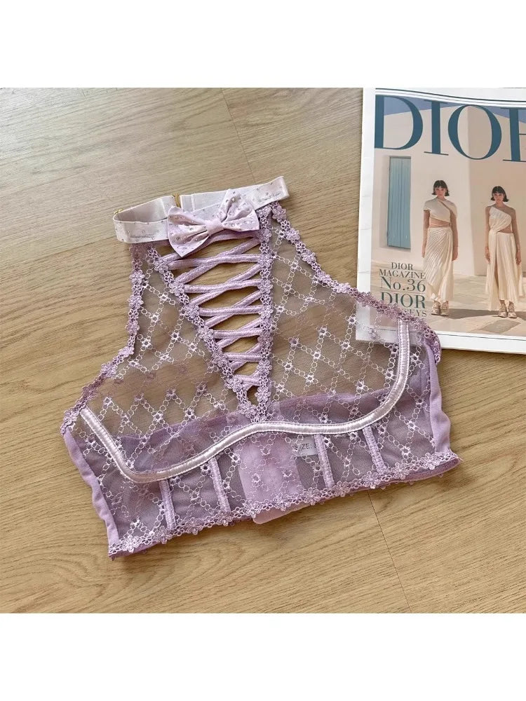 YUQI Minimizer Bra Large Cups DD+ | Sweetheart Bow Diamond Pattern Halter Top Slimming Thin Underwear Set  Womens Lingerie Set