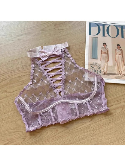 YUQI Minimizer Bra Large Cups DD+ | Sweetheart Bow Diamond Pattern Halter Top Slimming Thin Underwear Set  Womens Lingerie Set