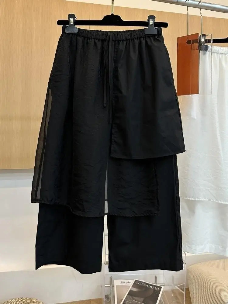 Summer European Style Women Two-piece Spliced Pants High Waist Loose Straight Leg Cropped Trousers Design Slim Casual Pants