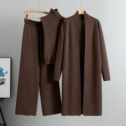 2025 Autumn Winter Women Long Cardigan 3 Piece Set Knit Pants High Neck Vest Wide Leg Trousers Outfit
