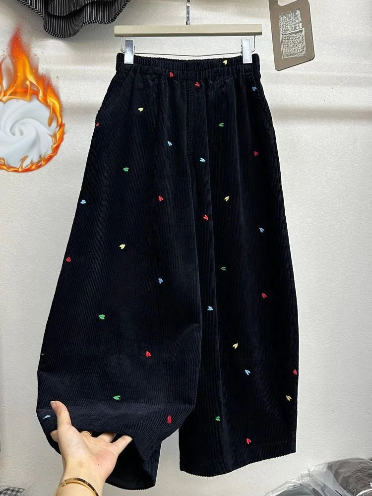 Fall Winter plus Size Fleece Lined Thick Corduroy Wide Leg Pants Women Casual Loose Heart Embroidery Knife  Pants