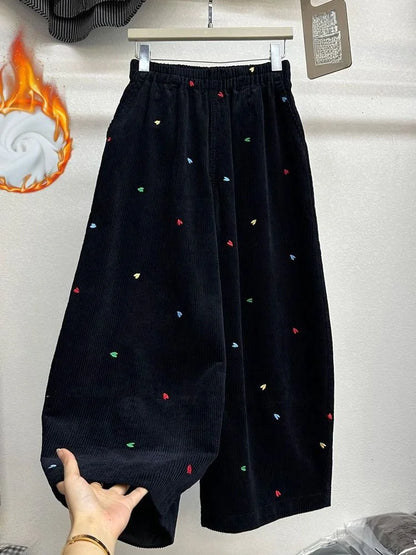 Fall Winter plus Size Fleece Lined Thick Corduroy Wide Leg Pants Women Casual Loose Heart Embroidery Knife  Pants