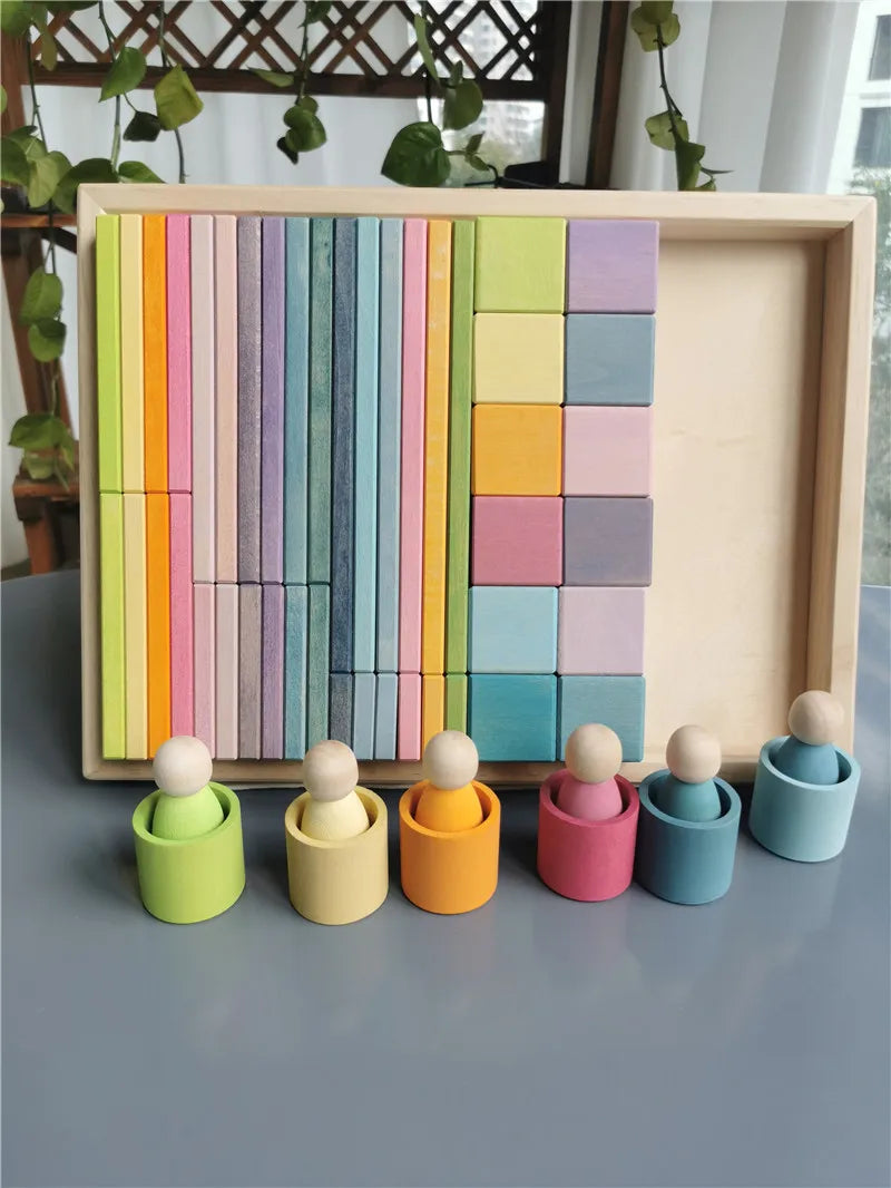 Large Rainbow Wood Building Slats Construct Cubes Blocks Pastel Stacking Timber Toys for Kids Early Learning