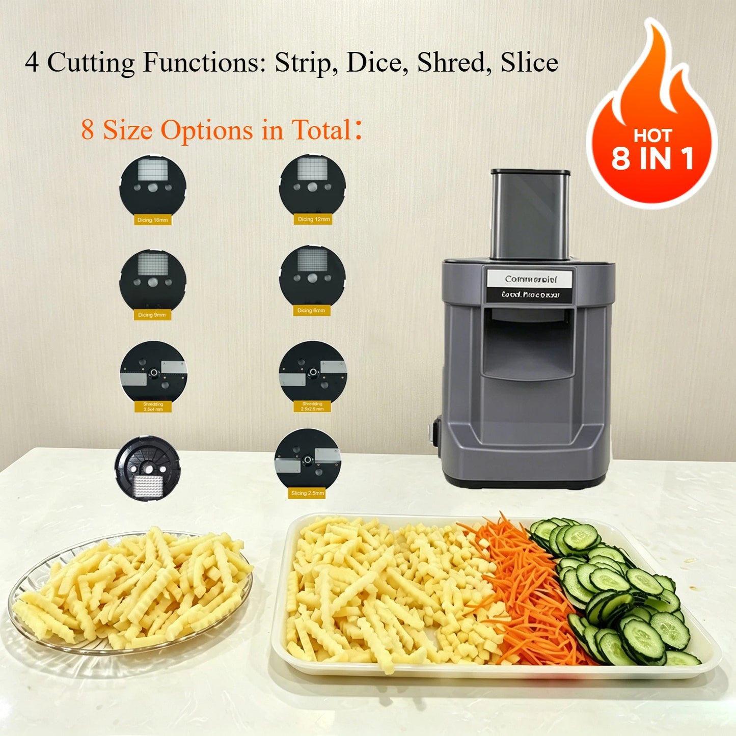 New 8 IN 1 Commercial Electric Food Processor Multifunctional Vegetable Cutter for Dicing, Slicing, Shredding and Strip Cutting